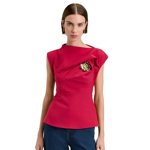 Veronika Maine Stretch Crepe Flower Brooch Top